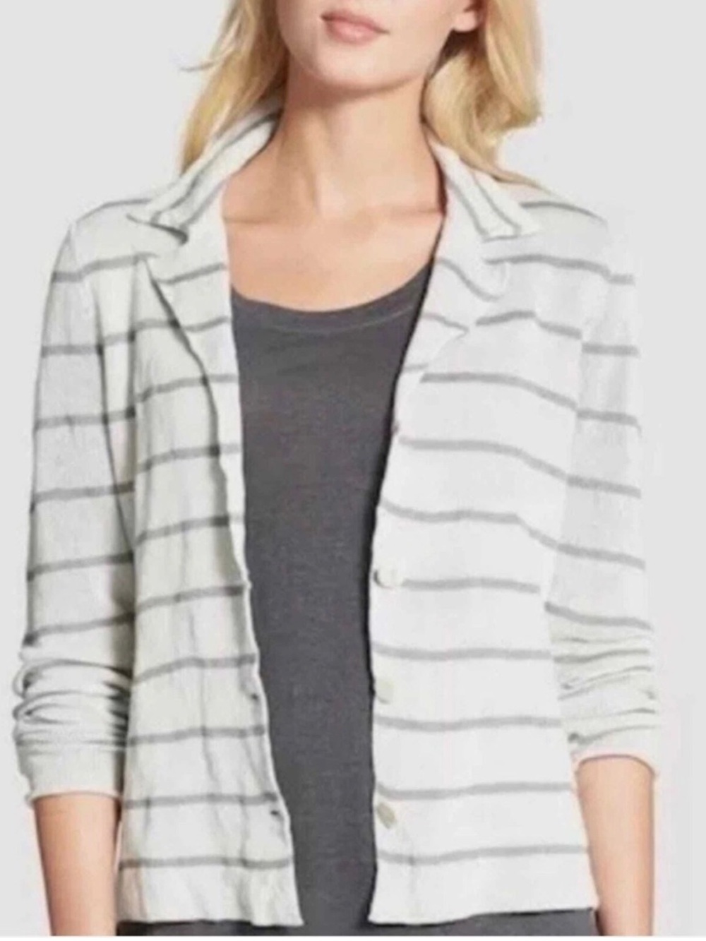 Eileen Fisher Cotton Metallic Stripe 3 Button Cardigan Light Gray Medium